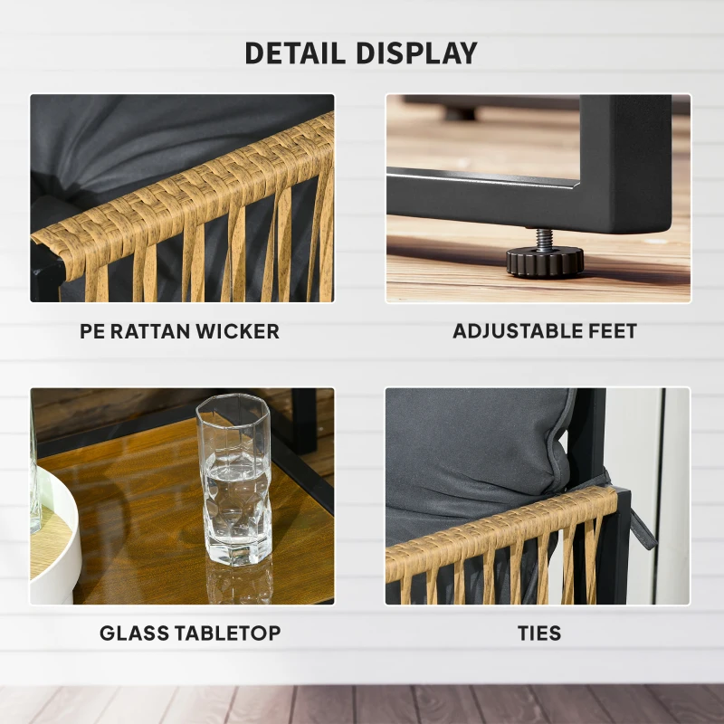 Outsunny 4-częściowy zestaw mebli ogrodowych z rattanu, komplet wraz z poduszkami, zestaw wypoczynkowy z 1 stolikiem kawowym z szklanym blatem, 2 fotelami i 1 dwuosobową sofą, stal, brązowy