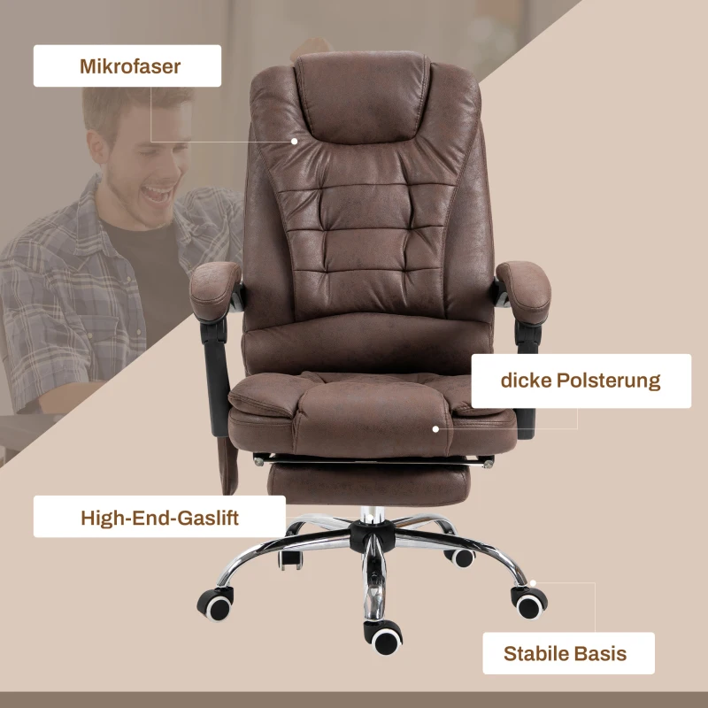 Vinsetto Masujący Fotel Biurowy z Funkcją Leżenia i Ogrzewania, Obrotowy, Ergonomiczny, do 120 kg, Brązowy