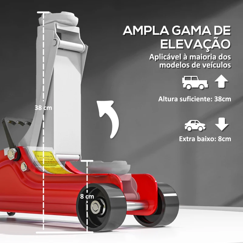 HOMCOM Macaco Hidráulico para Carro 2,5T Altura de Elevação 80-380 mm com Perfil Baixo e Rodas para Automóvel SUV Vermelho