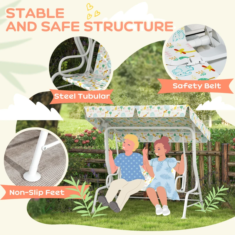 AIYAPLAY Kids Garden Swing Chair with Adjustable Canopy, Safety Belt, 2 Seater Hammock Swing Bench for Patio, Porch, White