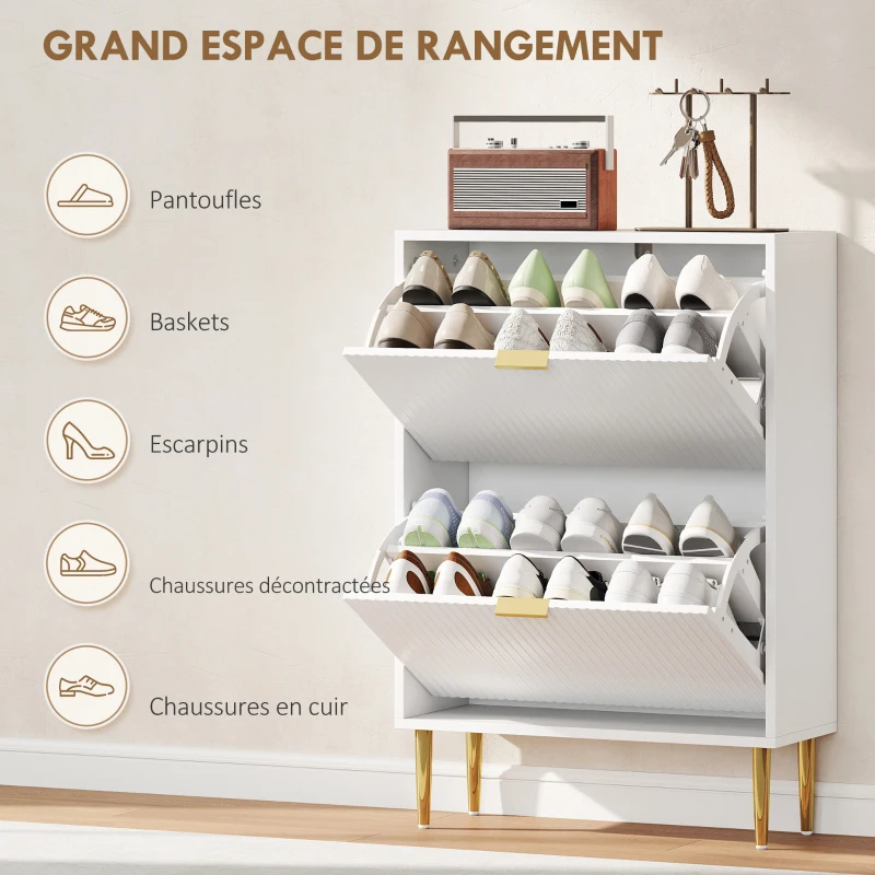 HOMCOM Meuble à chaussures 12 paires avec 2 tiroirs rabattables, portes cannelées et étagères réglables, 60x24x91,5cm, blanc