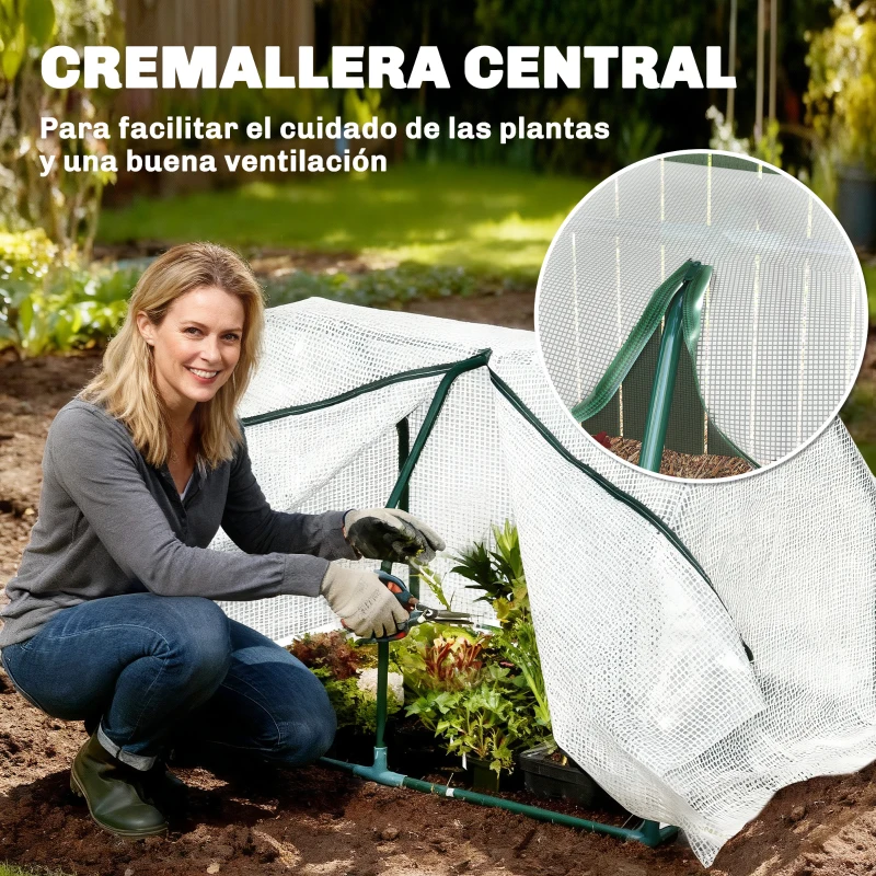 Outsunny Invernadero de Terraza 100x70x60 cm Vivero Casero Pequeño de Jardín con Cremallera para Cultivos Plantas Flores Marco de Acero Cubierta de PE 140g/m² Blanco