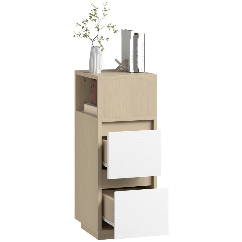 HOMCOM Slim Bedside Table, Narrow Bedside Cabinet with Open Shelf and 2 Drawers for Bedroom, Living Room, Natural Wood Finish