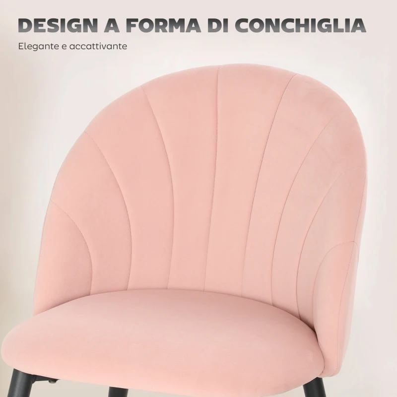 HOMCOM Set 2 Sedie da Pranzo Imbottite con Schienale a Conchiglia in Velluto, 52x55x79 cm, Rosa