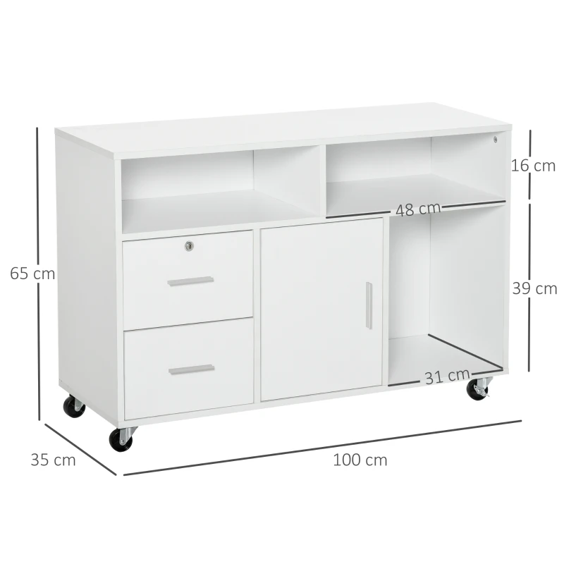 HOMCOM Support d'imprimante à 2 tiroirs meuble de rangement sur roulettes étagères ouvertes et placard, 100 x 35 x 65 cm, blanc