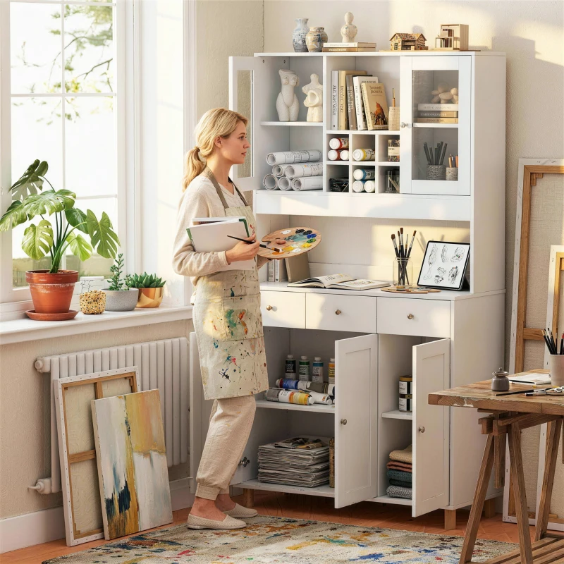 HOMCOM Biała szafka artystyczna 180cm – Witryna na dzieła i organizer do pracowni – Szkło, szuflada & regulowane półki – 100x40cm(m-12)