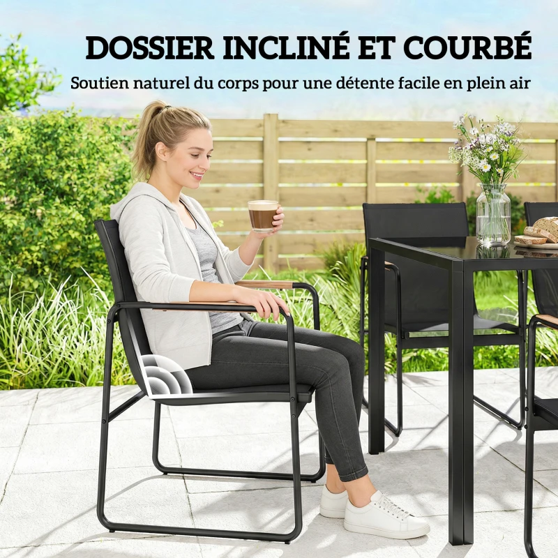 Outsunny Ensemble de Salle à Manger d'Extérieur 7 Pièces pour 6 Personnes, Table en Verre et Chaises avec Accoudoirs Décoratifs, Maille Résistante aux Intempéries, Noir
