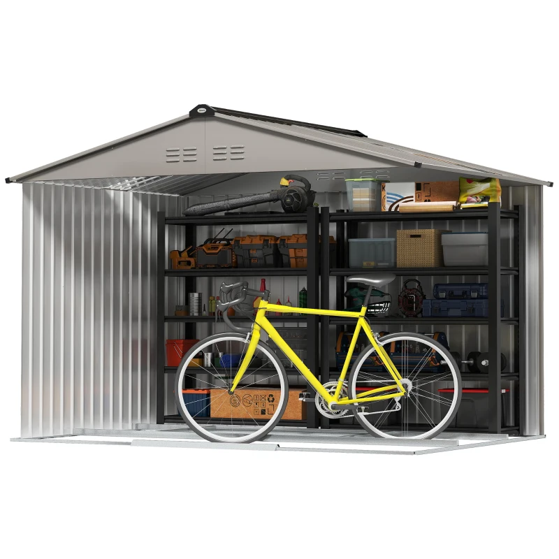 Outsunny Garden Storage Shed, Metal Outdoor Storage Shed House with Foundation Kit, Ventilation, Doors, 9 x 6FT, Grey