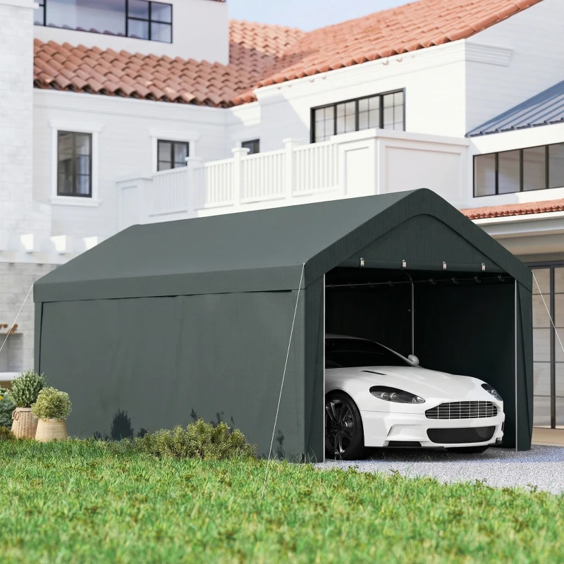 Outsunny Abrigo de Exterior 590x300x280 cm Garagem de Exterior para Carros Anti UV com Paredes Laterais Desmontáveis e 2 Portas Cinza Escuro