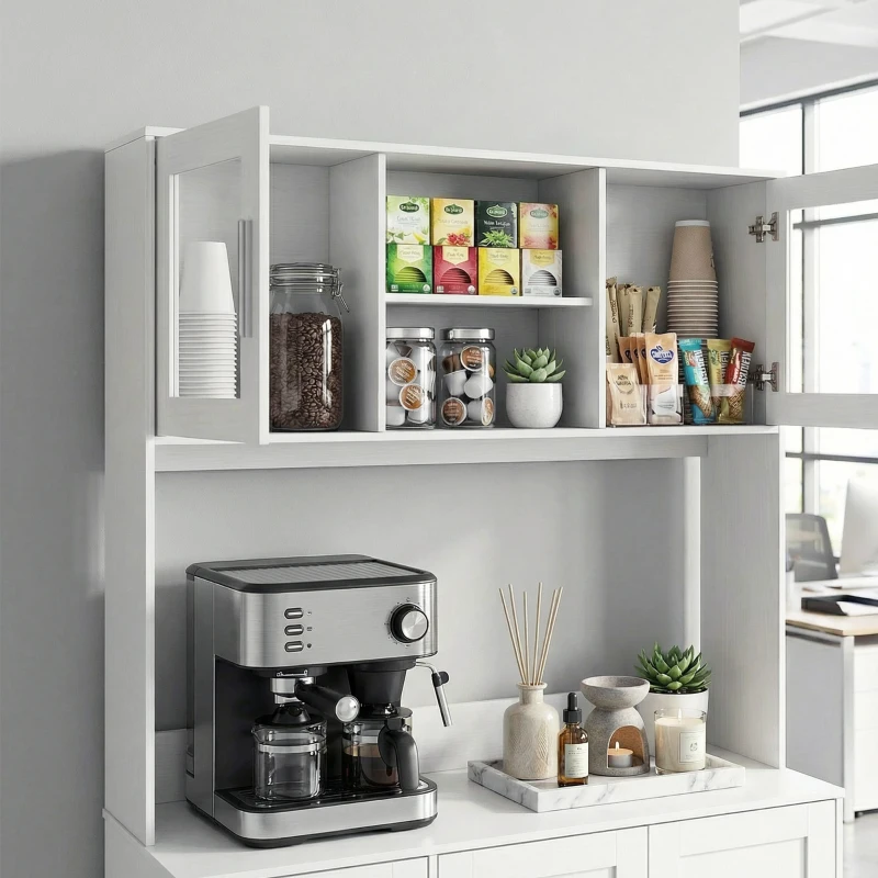 HOMCOM Szafka kuchenna, Design skandynawski, 4 szafki, Regulowane półki, Drzwi ze szkła, Otwarta przestrzeń, Płyta wiórowa, MDF, Biały(m-10)