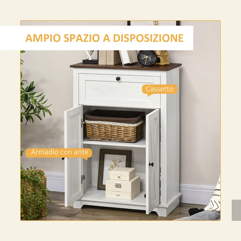 HOMCOM Credenza Bassa da Cucina in Stile Rustico con Cassetto e Armadietto con Ripiano Regolabile, Bianco