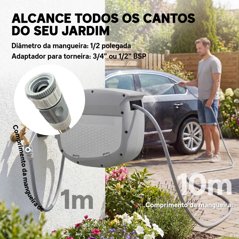 Outsunny Carretel de Mangueira para Jardim 10+1 m com Bico de 2 Modos Bloqueio Automático e Retracção Suporte Orientável 180° Cinza