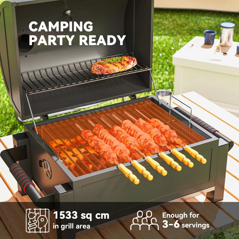 Outsunny Grill węglowy z pokrywą, rusztem do podgrzewania, podstawa do popiołu, termometr, nierdzewny, 67x53x55cm, czarny