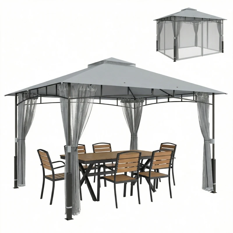 Outsunny Gazebo con doppio tetto e pareti a rete UPF50+, 360x300x275 cm, Grigio