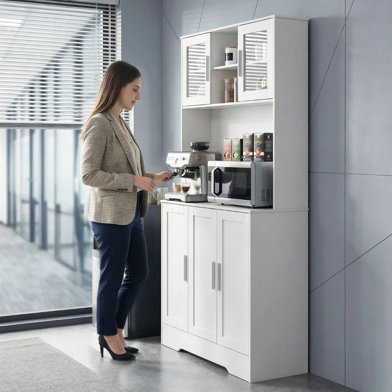 HOMCOM Szafka kuchenna, Design skandynawski, 4 szafki, Regulowane półki, Drzwi ze szkła, Otwarta przestrzeń, Płyta wiórowa, MDF, Biały(m-14)