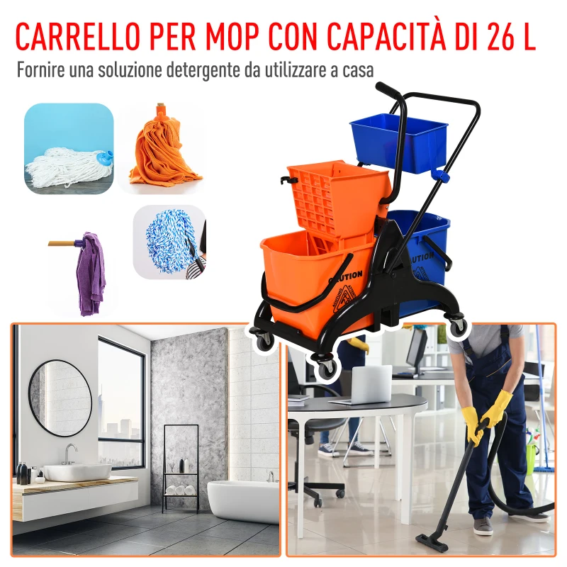 HOMCOM Carrello Pulizie Professionale da 26L con 2 Secchi Lavapavimenti, in Plastica e Metallo, 78x45x95 cm, Arancio Blu