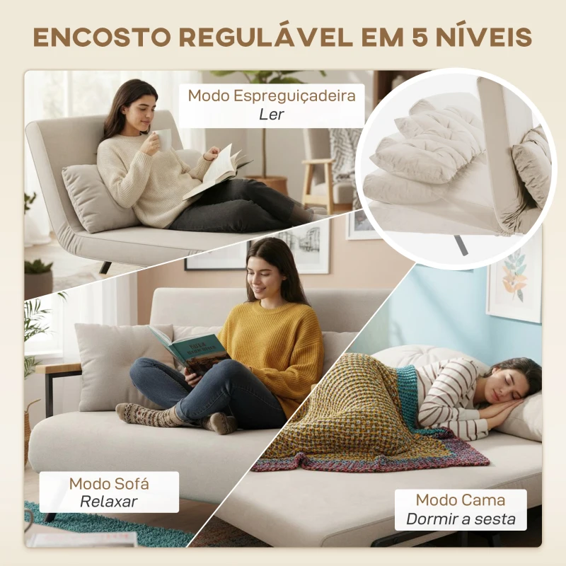 HOMCOM Sofá Cama Sofá Convertível em Cama de 2 Lugares Dobrável com Encosto Ajustável em 5 Níveis e 2 Almofadas 102x73x81 cm Bege