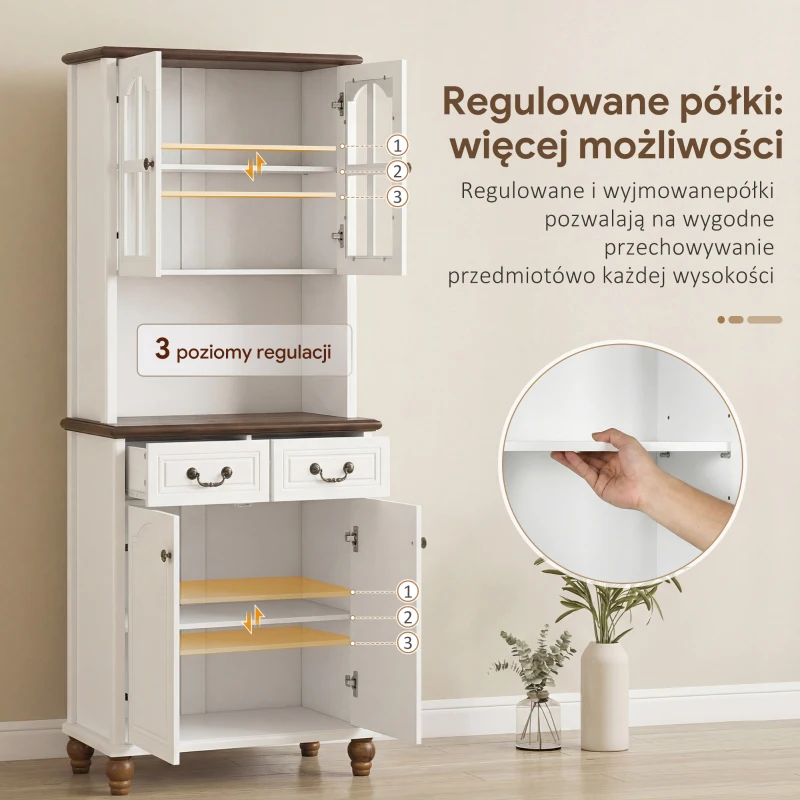 HOMCOM Szafka kuchenna z 2 szufladami, wysoki szafką z otwartą półką, szafka z witryną i funkcją Soft-Close do salonu, kuchni, 76 x 38 x 182 cm, biały(m-6)