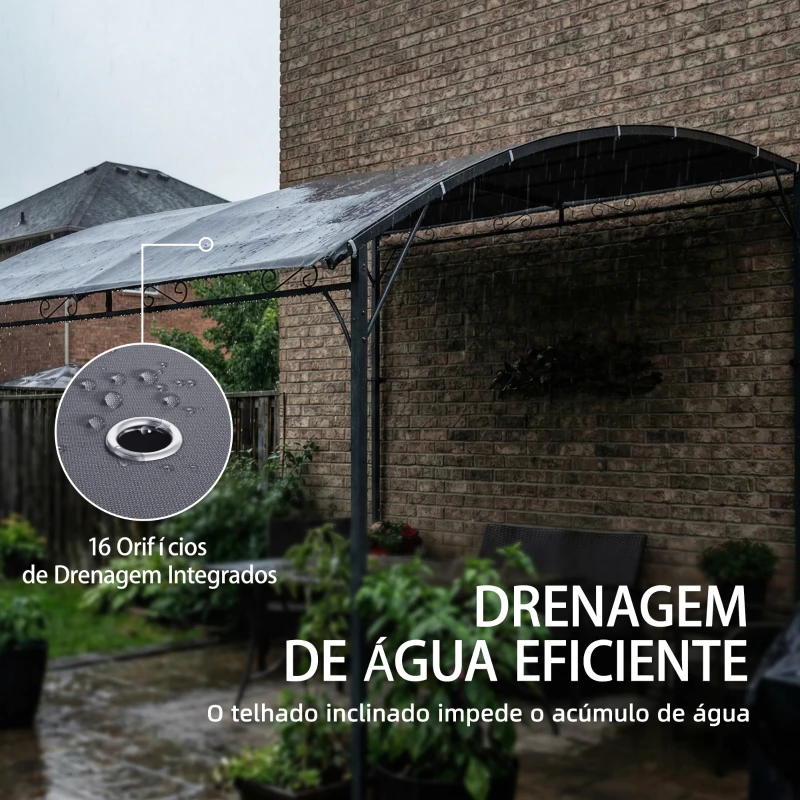 Outsunny Pérgola de Parede 2,8x3,8 m com Teto Inclinado Orifícios de Drenagem e Estrutura Metálica Cinzento
