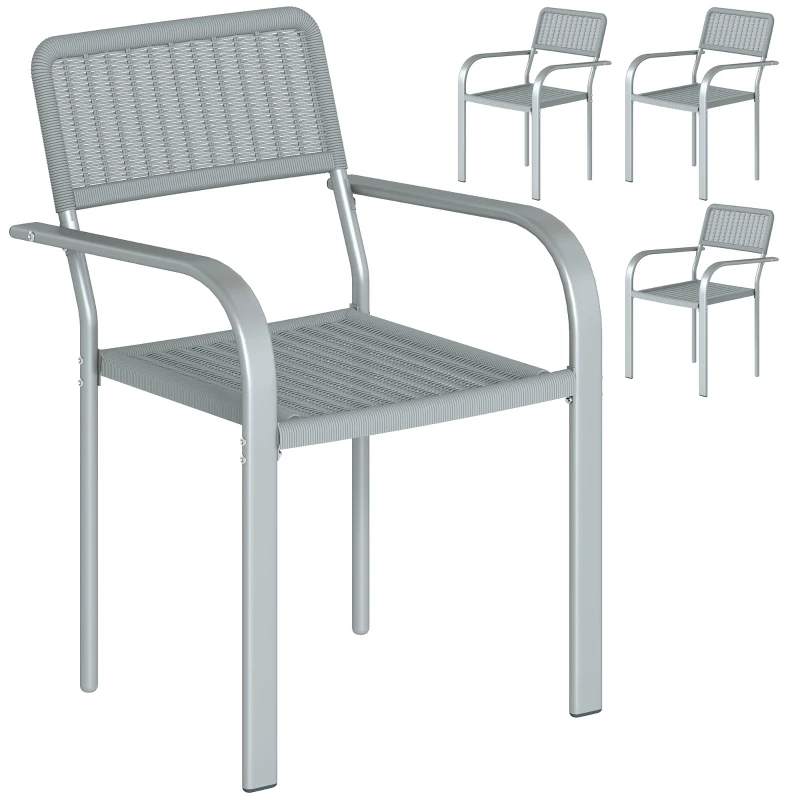 Outsunny Stackable Garden Chairs Set of 4, Rattan Effect Outdoor Dining Chairs, Light Grey