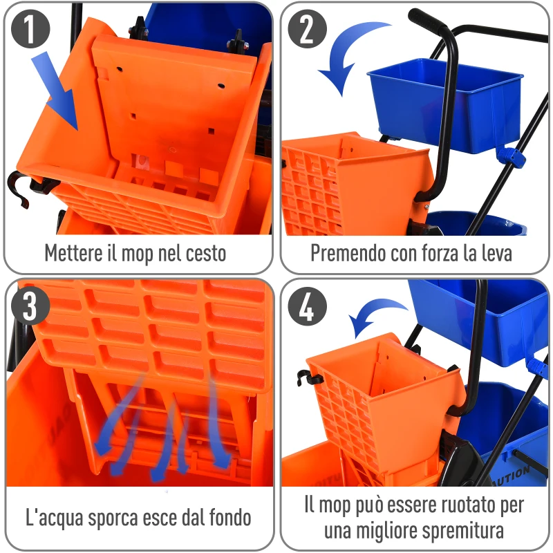 HOMCOM Carrello Pulizie Professionale da 26L con 2 Secchi Lavapavimenti, in Plastica e Metallo, 78x45x95 cm, Arancio Blu