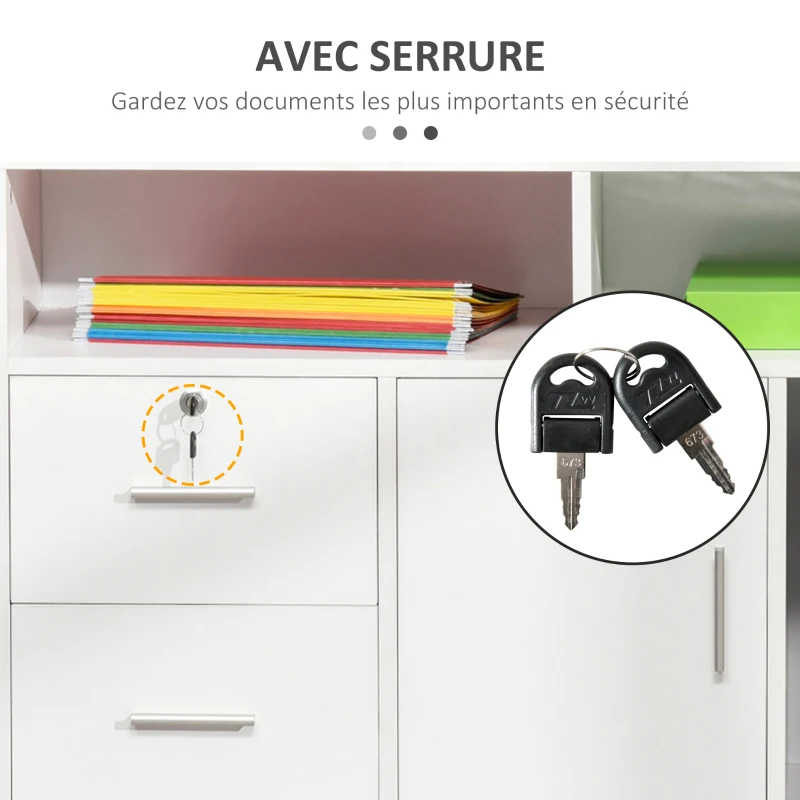 HOMCOM Support d'imprimante à 2 tiroirs meuble de rangement sur roulettes étagères ouvertes et placard, 100 x 35 x 65 cm, blanc