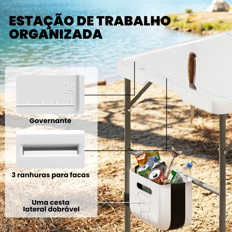 Outsunny Mesa Dobrável de Limpeza de Peixe com Altura Ajustável Pia Torneira Mangueira Cesto Dobrável Ranhuras e Bolsa