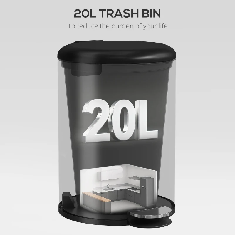 HOMCOM 20-Litrowy Kosz Kuchenny, Odporny na Odciski Palców Metalowy Kosz z Pokrywką Soft-Close, Pedałem Nożnym i Wyjmowanym Wkładem, Czarny