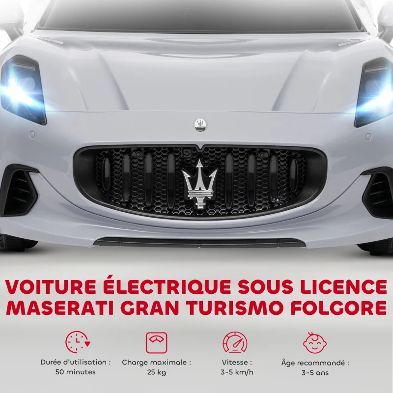 AIYAPLAY Voiture électrique pour enfants sous licence Maserati Gran Turismo Folgore, 12V avec télécommande, de 3 à 5 ans, gris