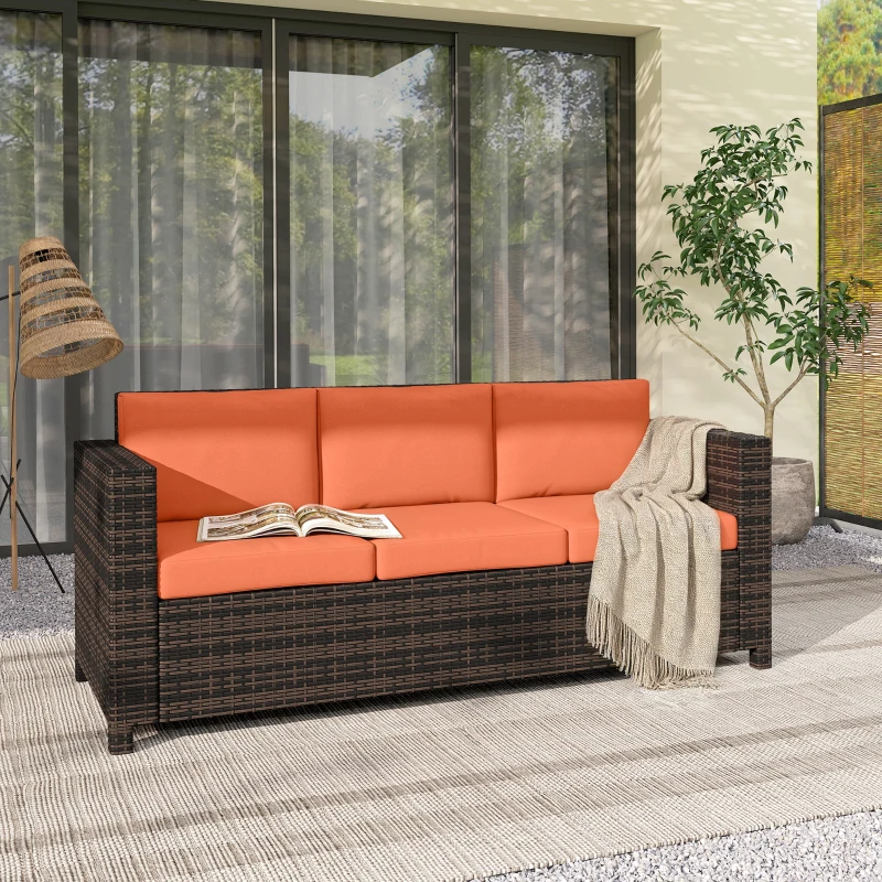 Outsunny 3 Seater Rattan Sofa All-Weather Wicker Weave Metal Frame Chair with Fire Resistant Cushio-Orange