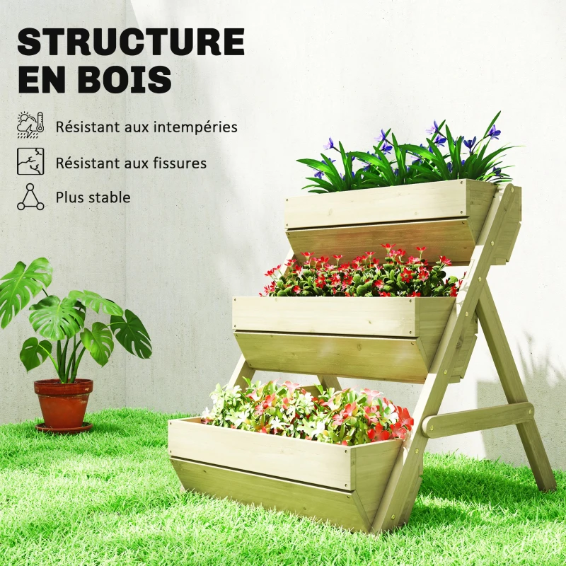 Outsunny Jardinière surélevée en bois avec 3 étages, étagère en escalier pour plantes avec trous de drainage, 65x75x76cm, vert