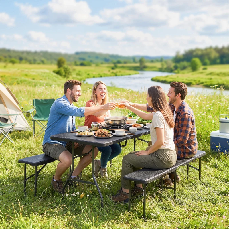 Outsunny Ensemble table pliante et bancs de pique-nique 180 cm avec poignées de transport, noir