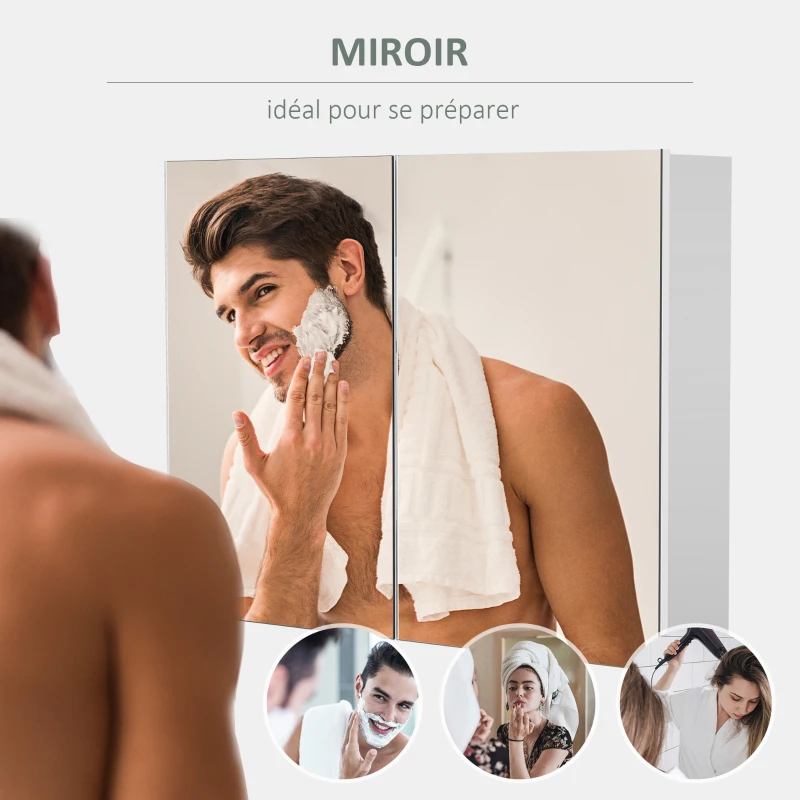 HOMCOM Armoire murale salle de bain avec miroir, 80 x 15 x 60 cm, meuble salle de bain, armoire de toilette avec double portes et étagères réglables, blanc