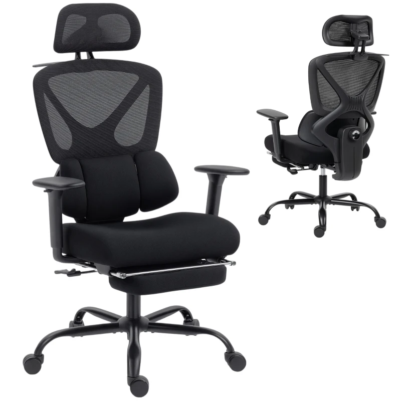 HOMCOM Chaise bureau ergonomique, fauteuil de bureau avec soutien lombaire dynamique adaptatif, 73x75x120-128cm, noir