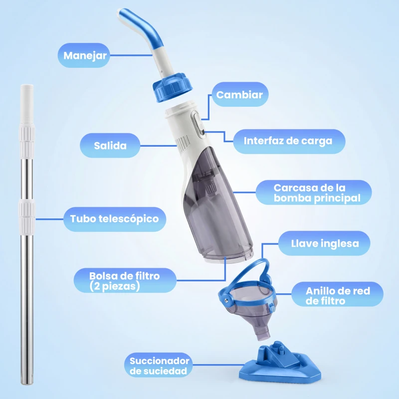 Outsunny Limpiafondos de Piscina Manual Inalámbrica con Cepillo y Barra Ajustable de 63-150 cm para Piscinas Pequeñas Azul
