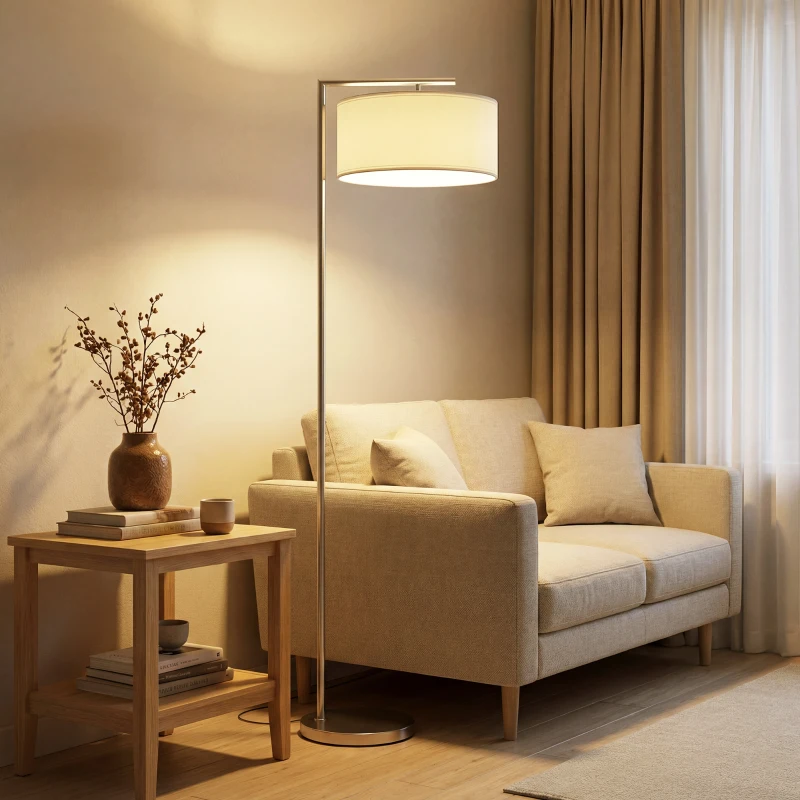 HOMCOM Floor Lamp, Modern Standing Lamp with Linen Lampshade, Round Base for Living Room, Bedroom, Dining Room, 153cm, Silver Tone