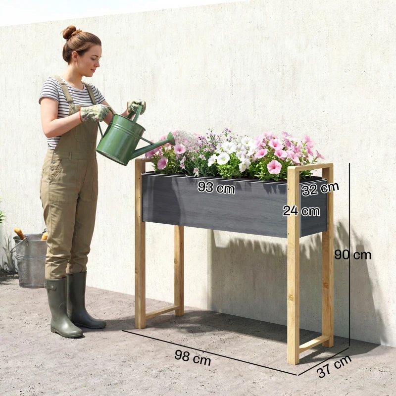Outsunny Hochbeet Massivholz Pflanzbeet Frühbeet Gartenbeet Blumenkasten für Kletterpflanzen Blumen 98x37x90 cm Grau+Naturholz