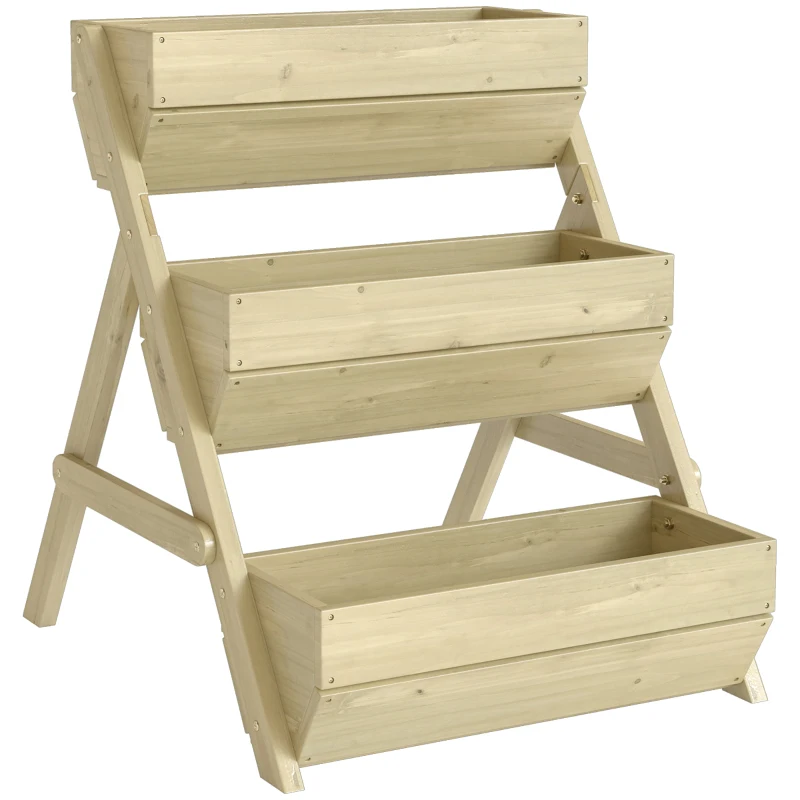 Outsunny Jardinière surélevée en bois avec 3 étages, étagère en escalier pour plantes avec trous de drainage, 65x75x76cm, vert