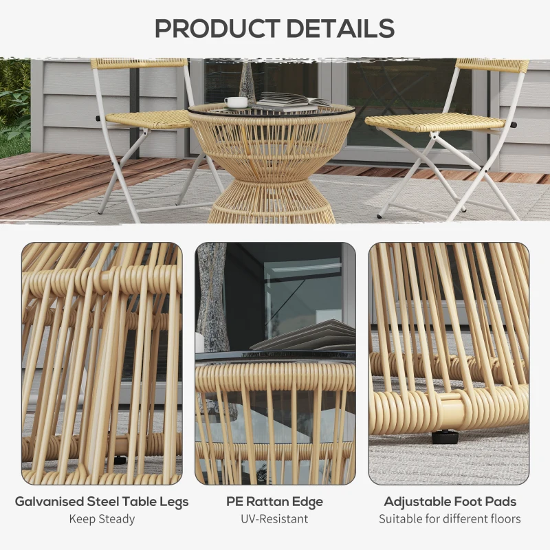 Stolik boczny Outsunny z rattanu, Ø60 cm, stolik kawowy ogrodowy z hartowanym blatem ze szkła, stolik balkonowy w stylu boho, stolik kawowy do ogrodu, balkonu, drewno naturalne