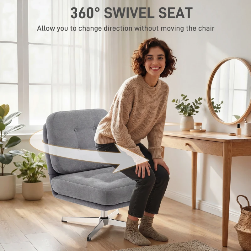 HOMCOM Obrotowy Fotel Akcentowy, Tapicerowany Fotel Czytelniczy z Chenille, Szerokim Siedziskiem, Sprężynowym Wypełnieniem i Metalowymi Nogami, Jasnoszary