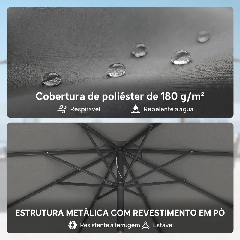 Outsunny Chapéu de Sol de Exterior Ø295x242 cm com Base, Saco de Areia, Manivela e Inclinação Ajustável, Cinzento Escuro