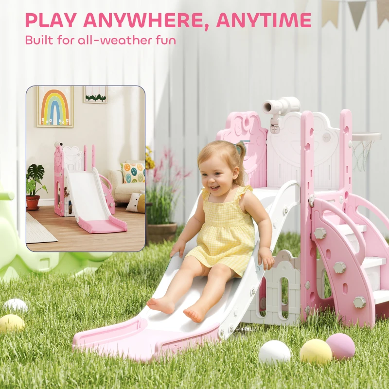 AIYAPLAY 5 in 1 Kids Slide Set with Basketball Hoop, Climbing Frame, Telescope, Storage Box for Toddlers Ages 1-3, Pink