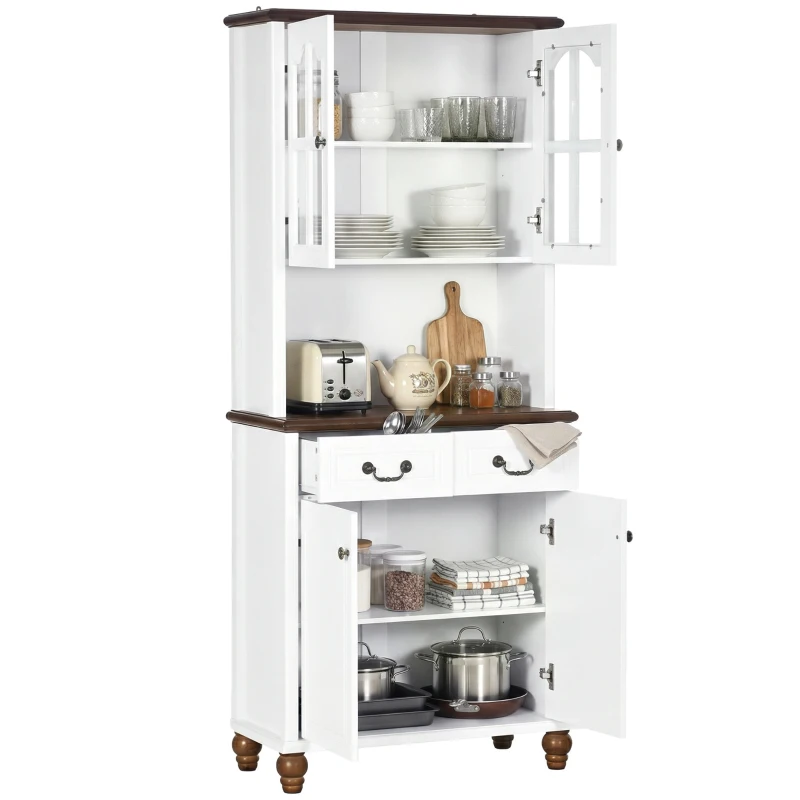 HOMCOM Szafka kuchenna z 2 szufladami, wysoki szafką z otwartą półką, szafka z witryną i funkcją Soft-Close do salonu, kuchni, 76 x 38 x 182 cm, biały(m-17)