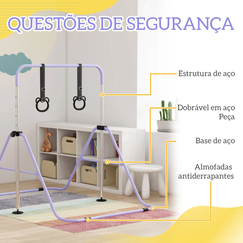 HOMCOM Barra de Ginástica Infantil Altura Ajustável em 5 Níveis e Anéis Dobrável para Casa Roxo