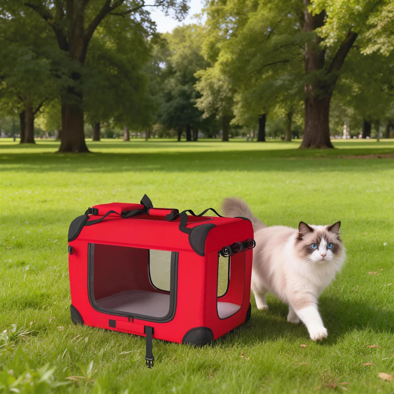 PawHut Transportadora Dobrável para Cães 60x41,5x41 cm com Janelas de Rede, Almofada Macia e 2 Alças para Mini Cães e Gatos Vermelho