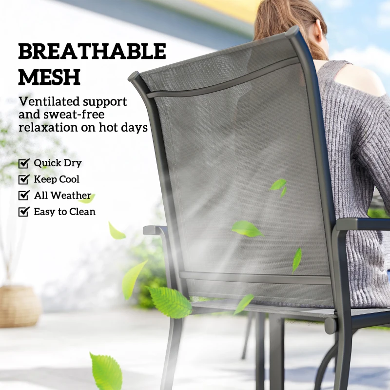 Outsunny 5 Pieces Outdoor Dining Set for 4, Garden Table and Stackable Chairs with Breathable Mesh Seat and Parasol Hole, Grey