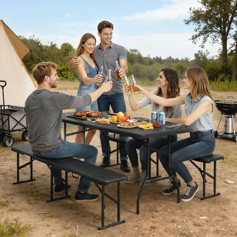 Outsunny Set tavolo pieghevole e panche da picnic con maniglie, 180 cm, Nero