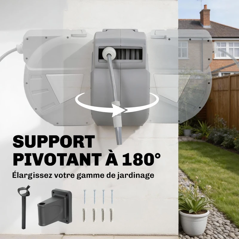 Outsunny Enrouleur Tuyau Arrosage Mural 30+2 m x Ø 15mm, Dévidoir de Tuyaux d'Eau Rétractable Automatique Pivotant à 180°, Gris