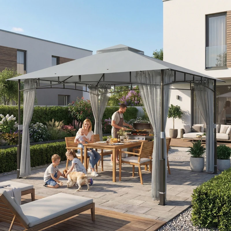 Outsunny Gazebo con doppio tetto e pareti a rete UPF50+, 360x300x275 cm, Grigio