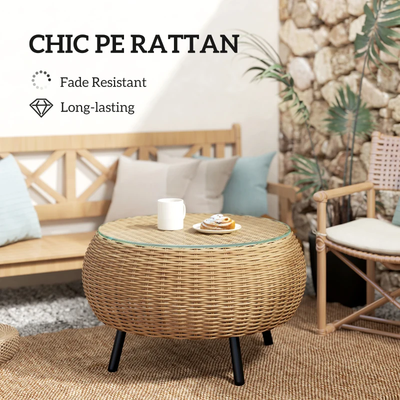 Stolik kawowy z polirattanu, okrągły, szklany, brązowy